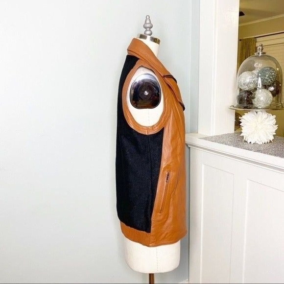 Mural Brown Leather & Wool Zip Up Vest Moto Jacket Small - Picture 7 of 12